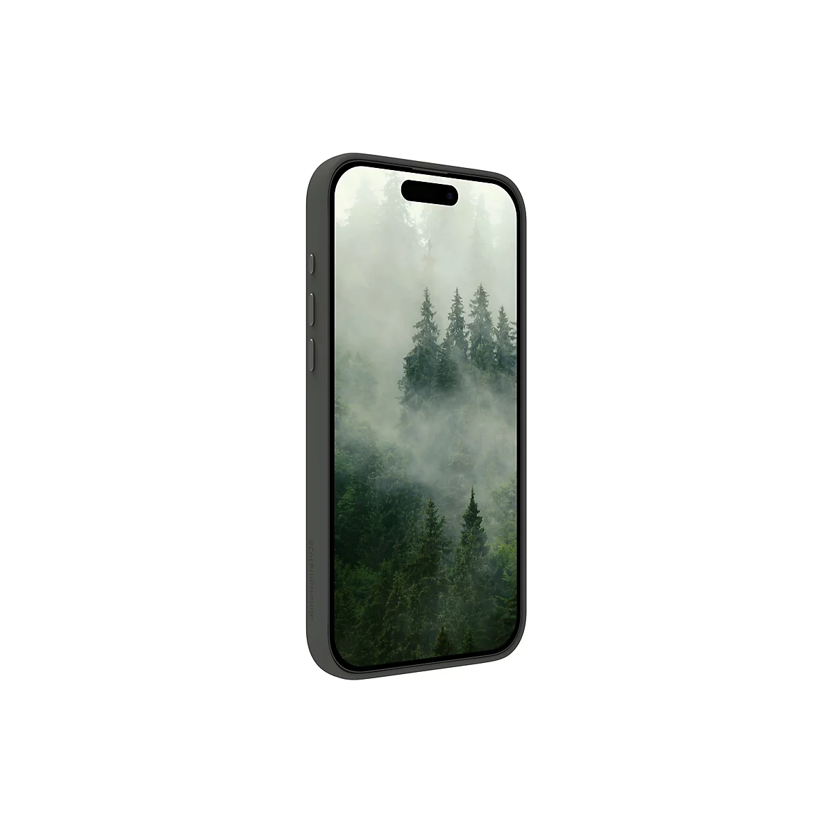 Ein graues Smartphone, das eine Landschaft mit Bäumen und Nebel zeigt. Die Hülle des Telefons ist dunkelgrau.