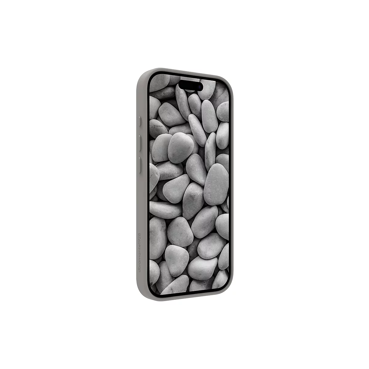Graues Smartphone mit Steinmuster als Hintergrund, vor weißem Hintergrund. Die Oberflächen sind abgerundet.