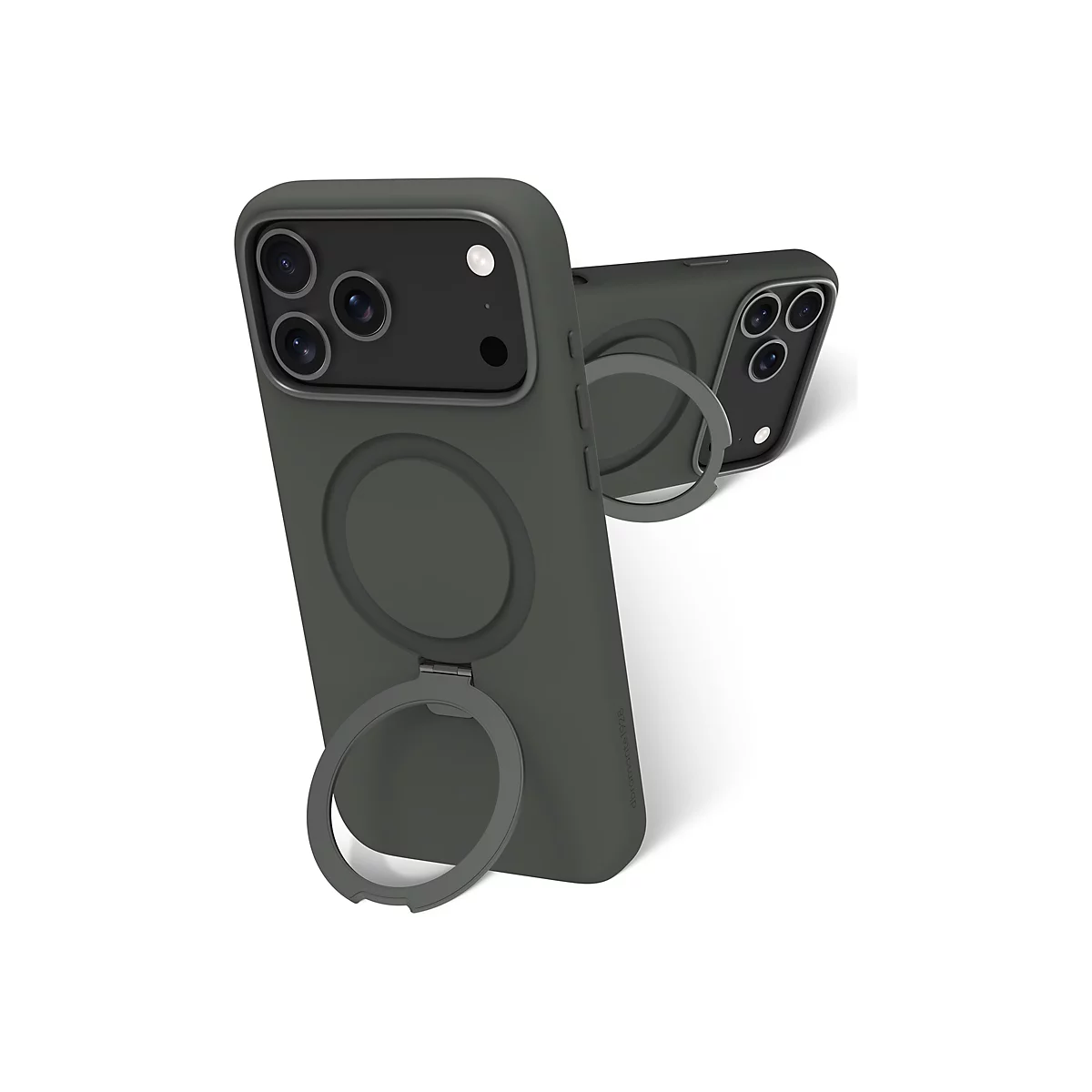 Zwei graue Smartphone-Hüllen, eine mit aufgestelltem Ringhalter. Beide zeigen die Kamera-Ausschnitte auf der Rückseite.