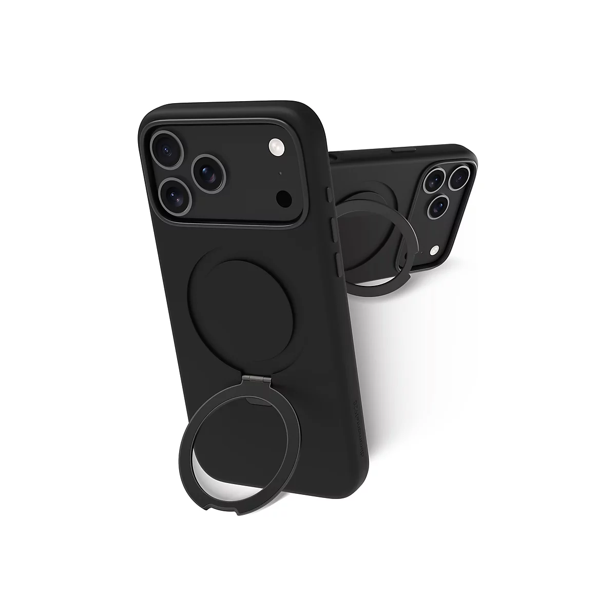 Deux coques de téléphone noires avec des supports en forme d'anneau, sur fond blanc. Une coque est debout, l'autre est couchée.