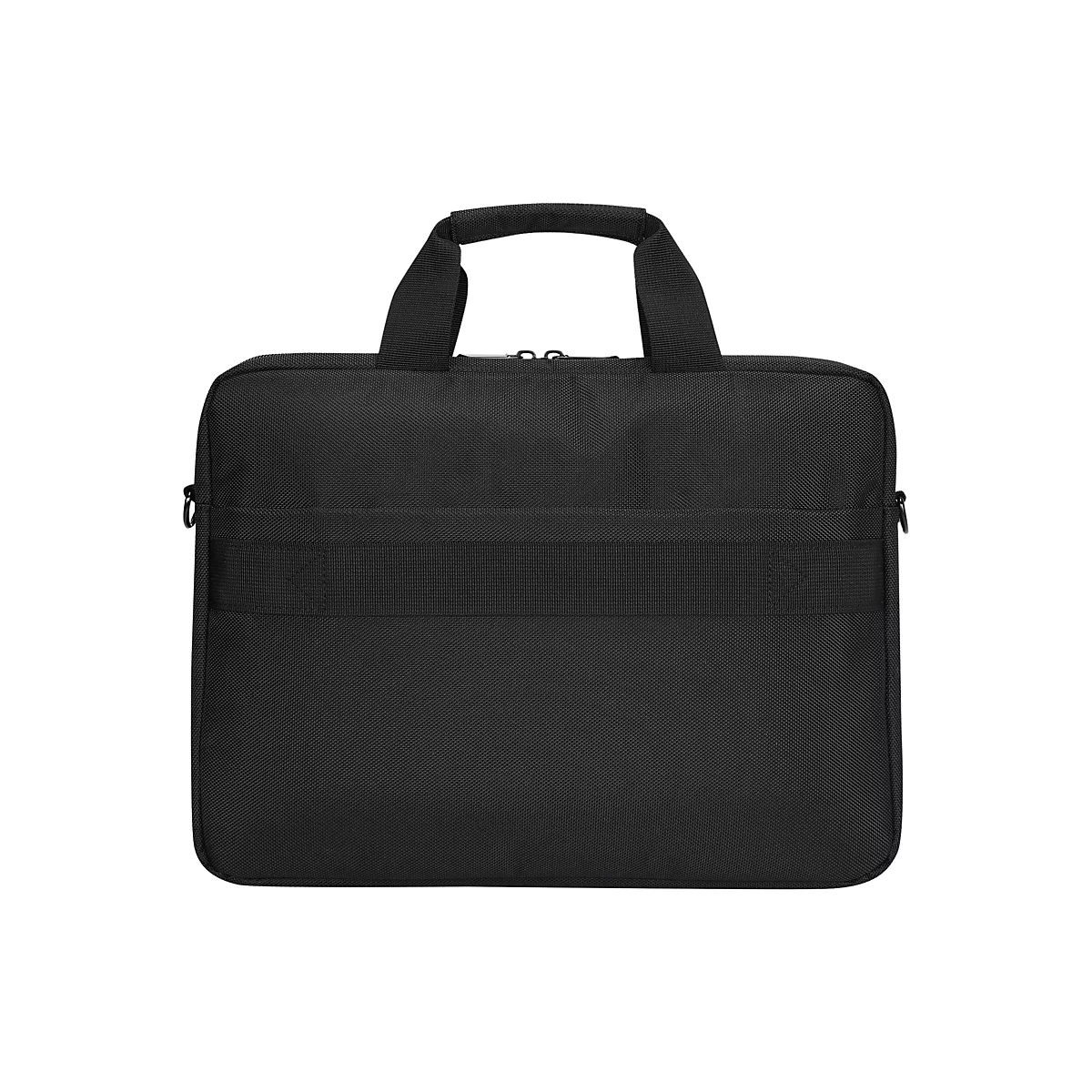 Schwarze Laptoptasche, rechteckig, mit Tragegriffen und einem Schultergurt. Auf der Vorderseite befindet sich ein breiter Stoffstreifen.