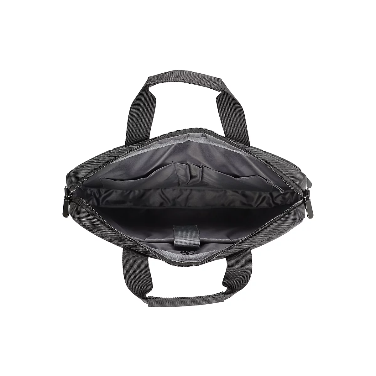 Dunkelgraue Laptoptasche, offen, mit Griffen oben. Innen mehrere Fächer, Reißverschluss.