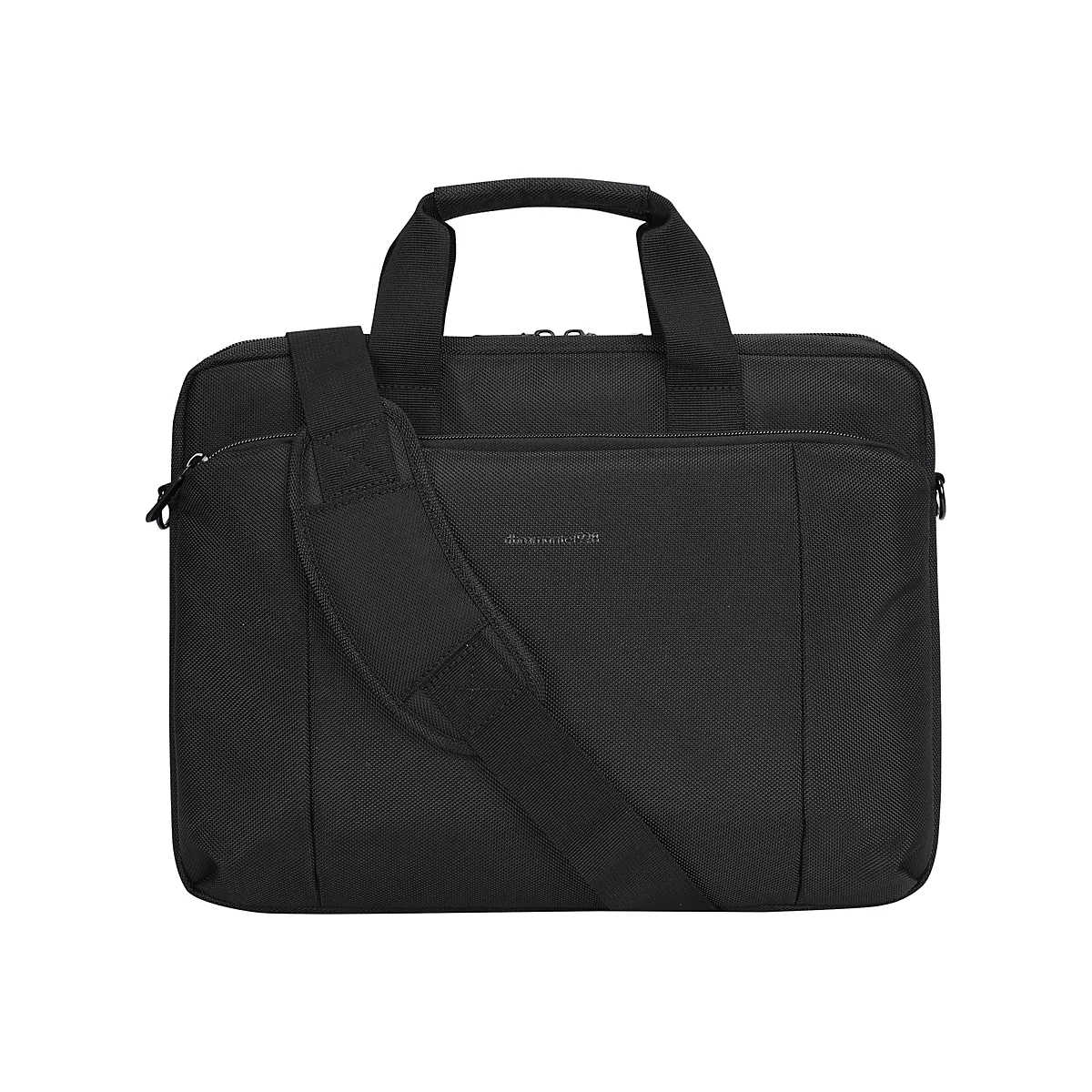 Schwarze Laptoptasche mit Schulterriemen und Tragegriff. Reißverschluss und Logo.