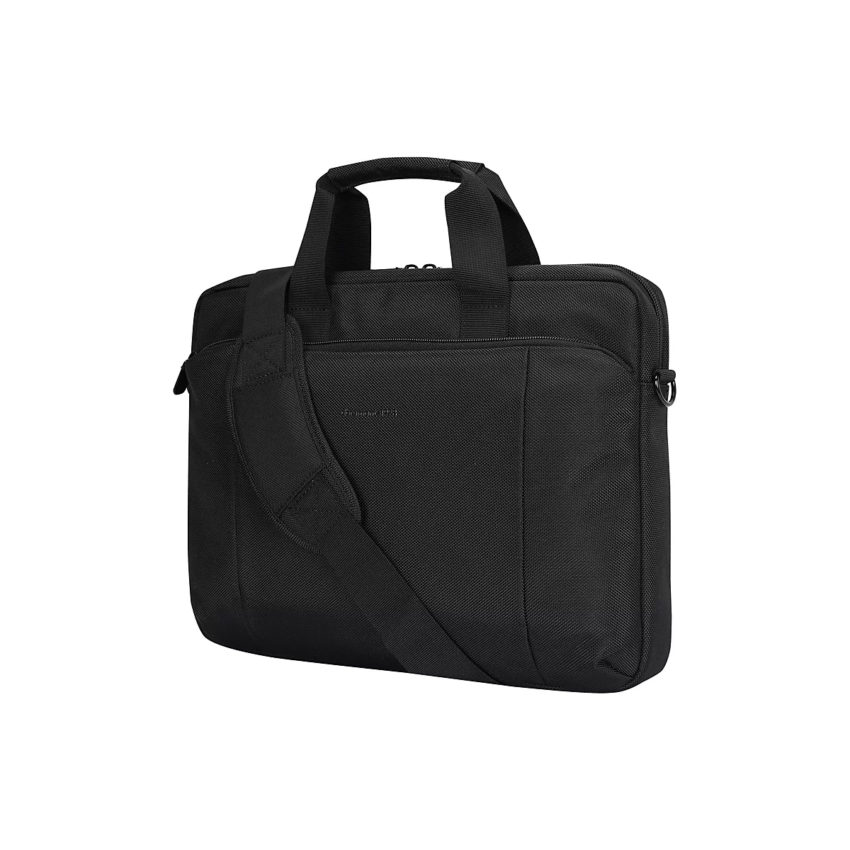 Schwarze Laptoptasche mit Tragegriff und Schultergurt auf weißem Hintergrund.
