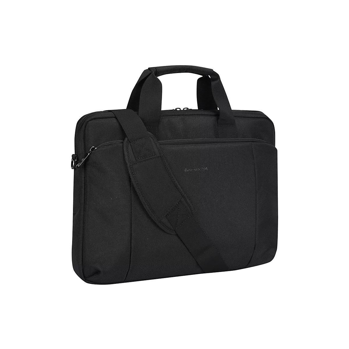 Schwarze Laptoptasche mit Griff und Schulterriemen, vor weißem Hintergrund.
