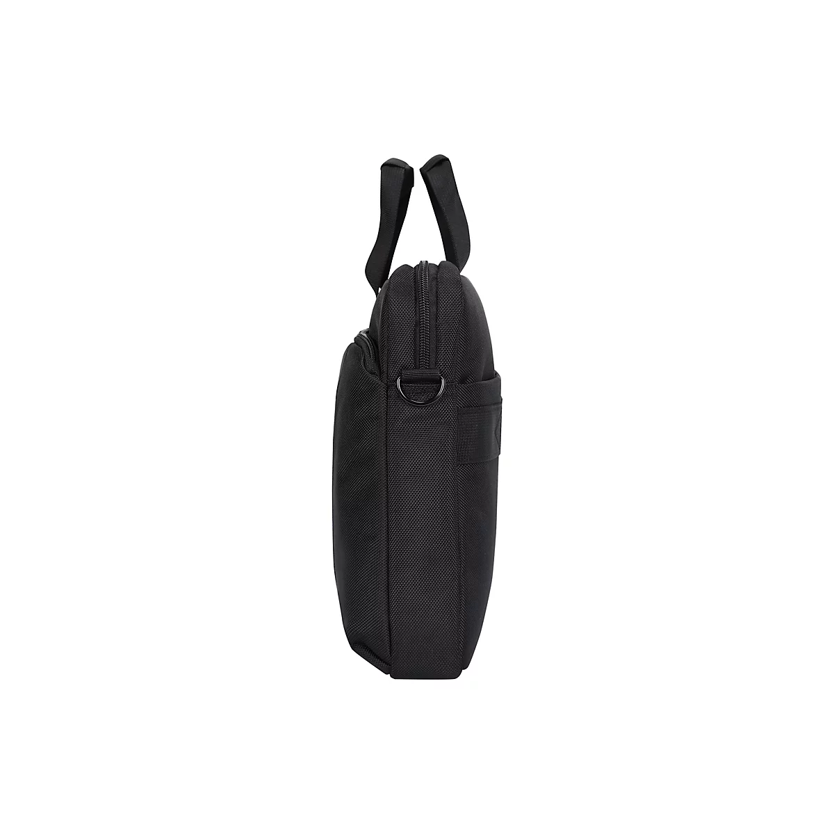 Schwarze Aktentasche im Profil, Tragegriffe oben. Reißverschluss, seitliche Tasche, D-Ring-Befestigung.