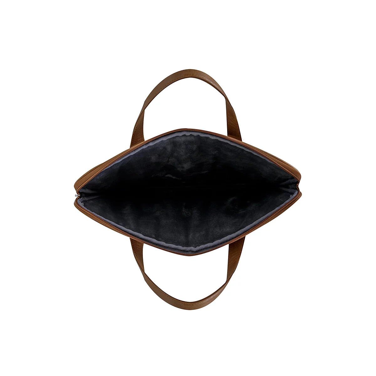 Geöffnete braune Laptoptasche mit zwei Henkeln, Innenfutter schwarz.