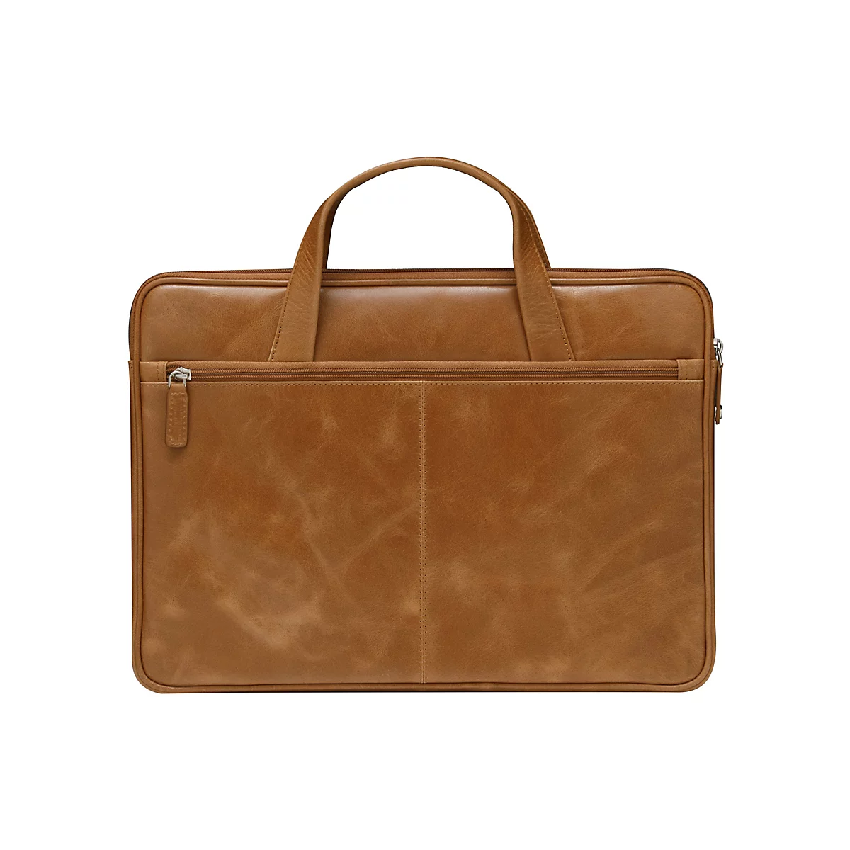 Braune Ledertasche mit Tragegriff, Reißverschluss und zusätzlichem Frontfach. Hintergrund ist weiß.