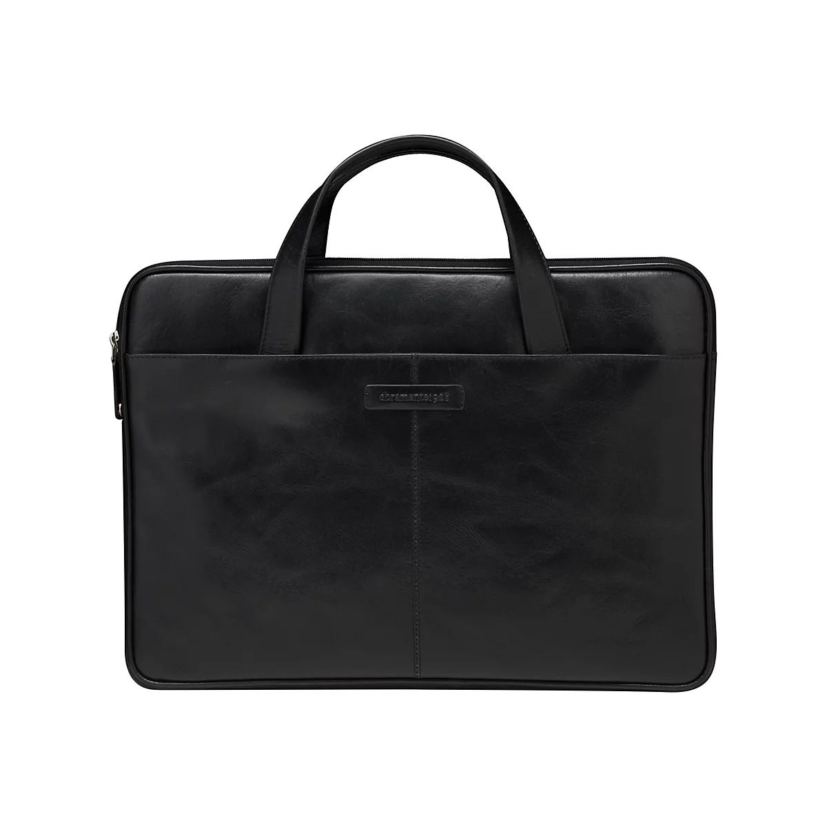 Schwarze Laptoptasche mit Griff und Markenlogo, vor weißem Hintergrund.