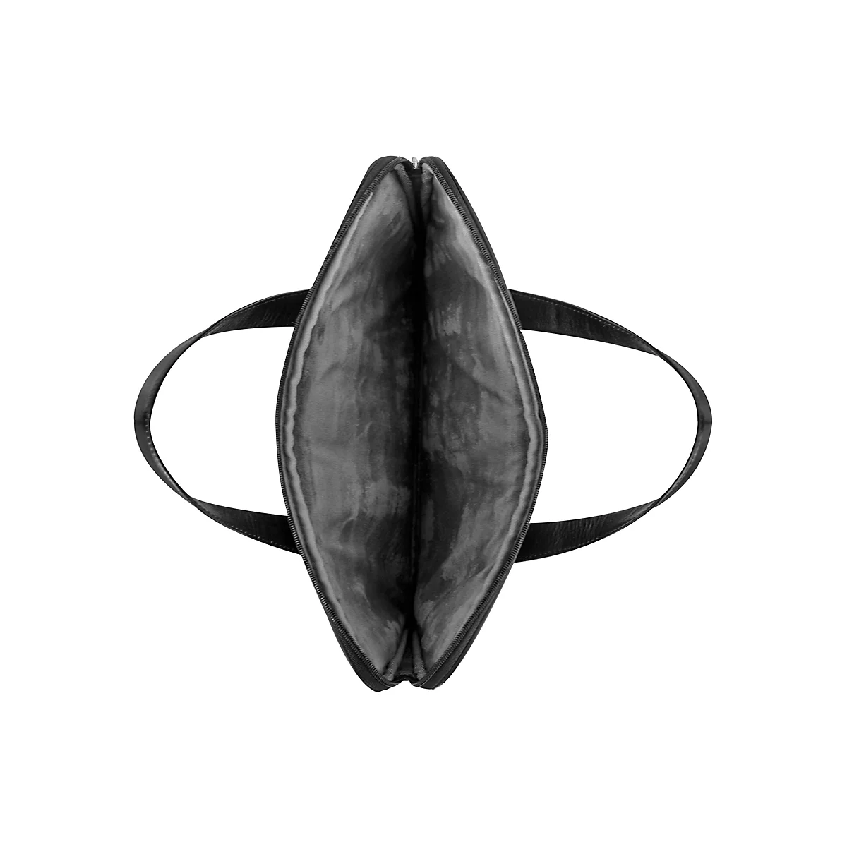 Schwarze Laptoptasche, von oben geöffnet. Zwei Tragegriffe und ein Reißverschluss sind zu sehen.