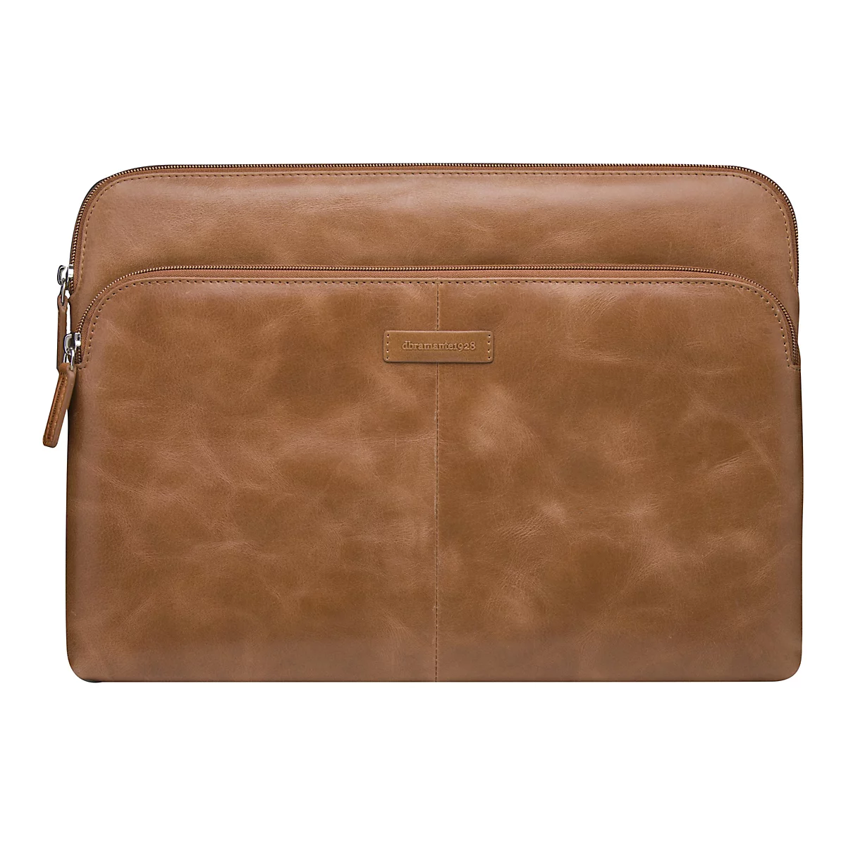 Hellbraune Laptoptasche aus Leder mit Reißverschluss und kleinem Label. Der Hintergrund ist weiß.