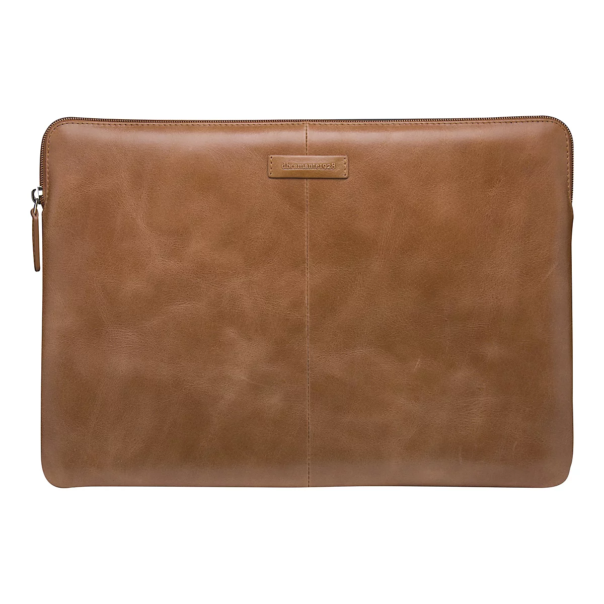 Braune Leder-Laptoptasche, mit Reißverschluss, Logo-Patch und vertikalen Nähten.