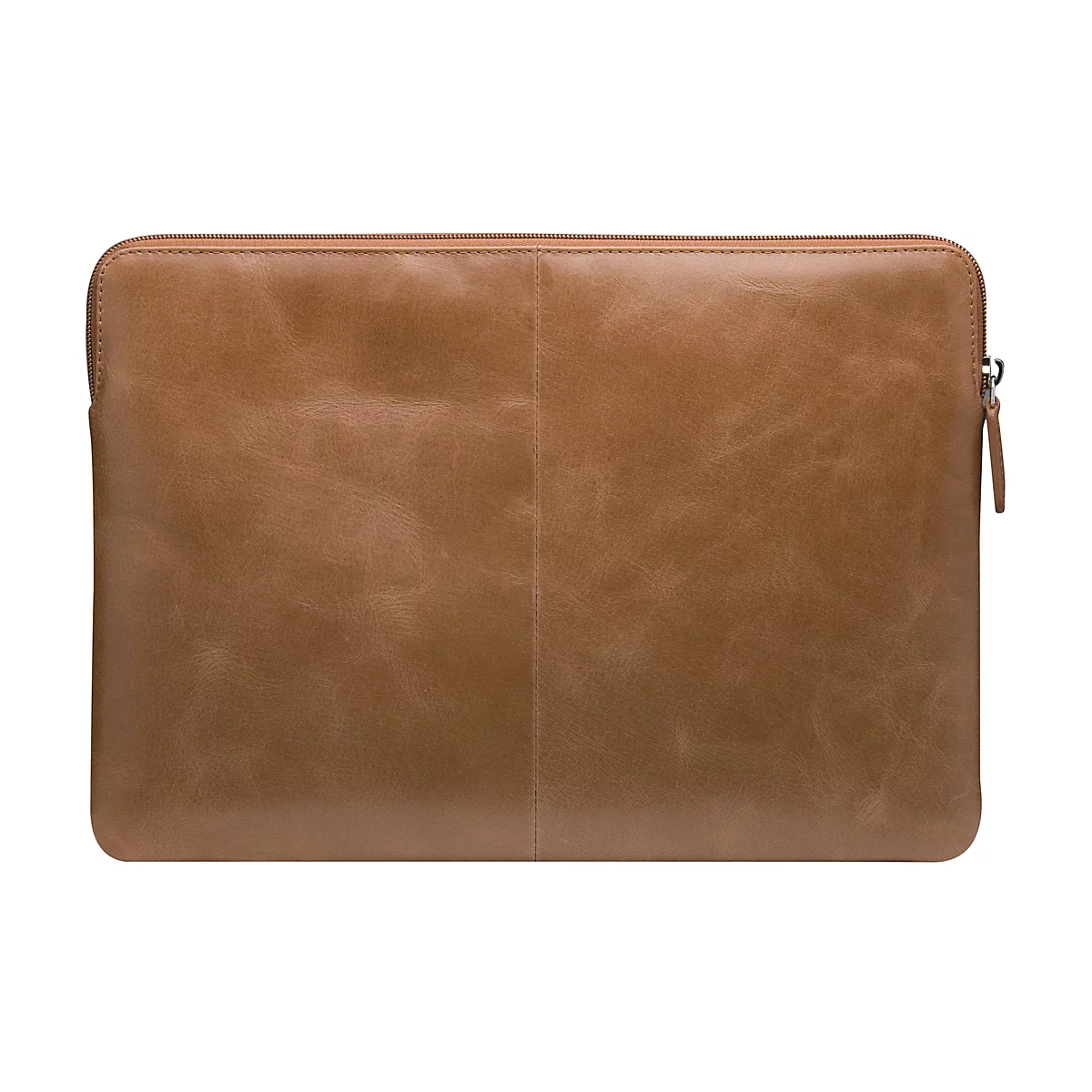 Hellbraune Laptoptasche aus Leder, mit Reißverschluss und hellem Innenfutter.