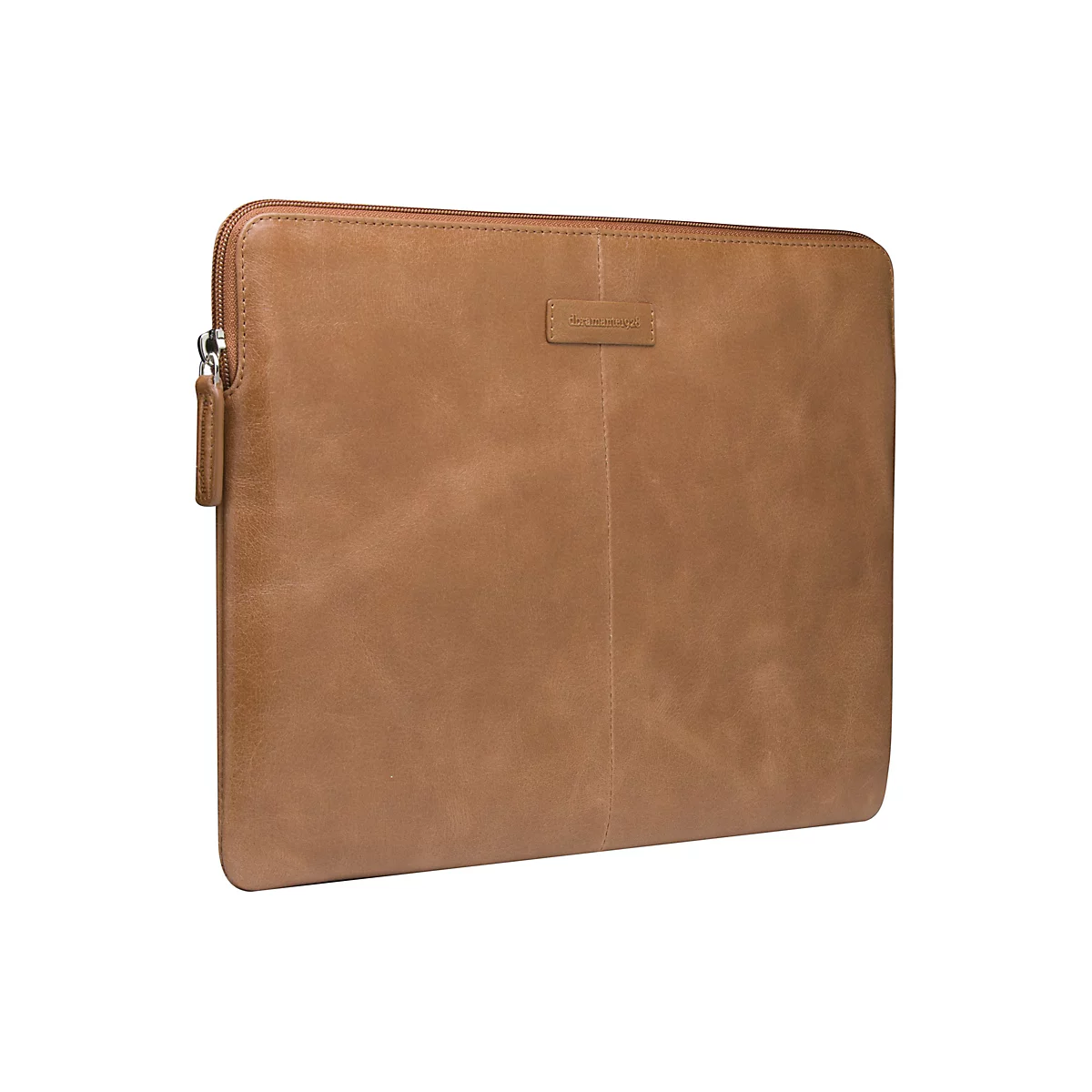 Hellbraune Ledertasche für ein Tablet. Rechteckig, mit Reißverschluss, kleinem Label, und Aufhängung.