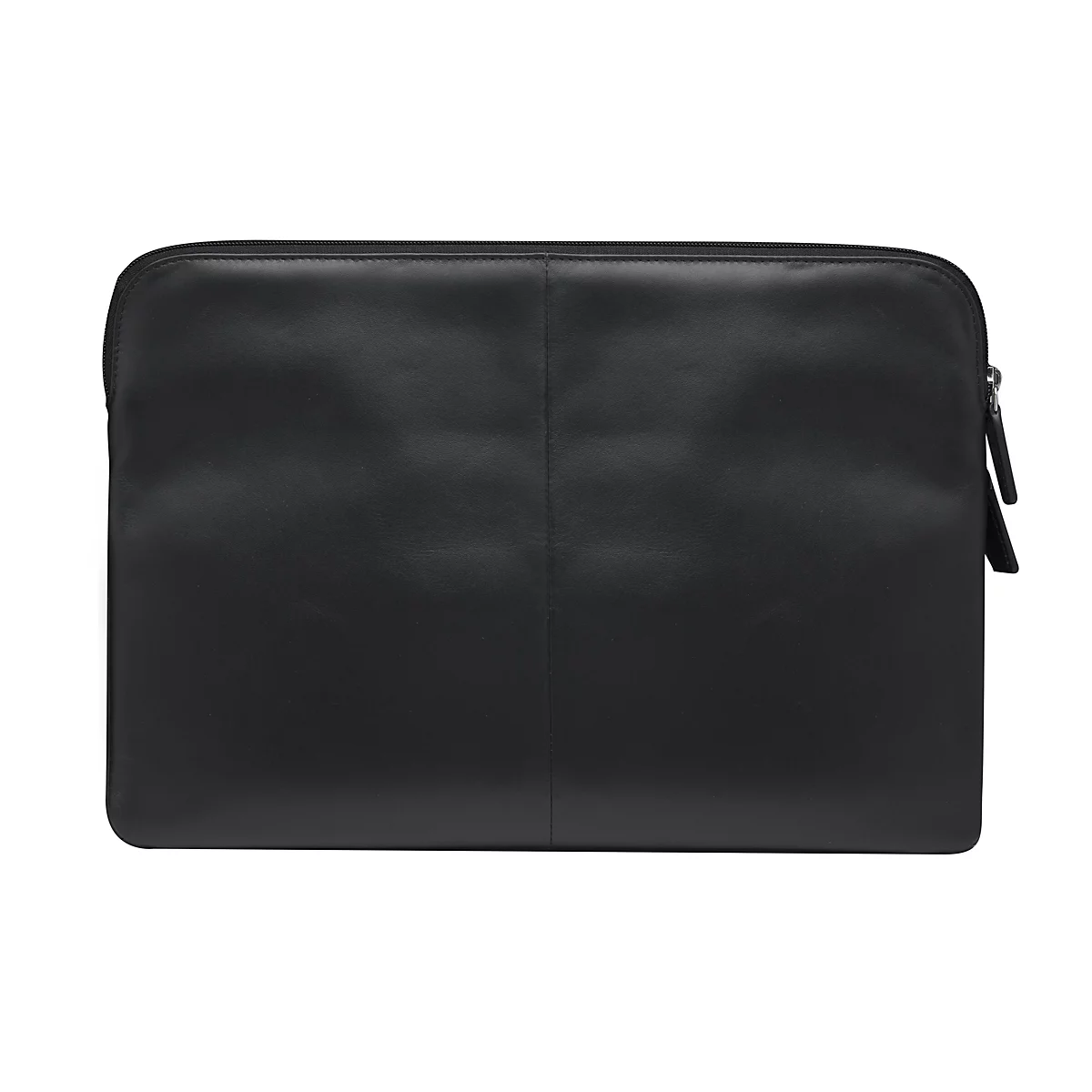 Schwarze Laptoptasche mit Reißverschluss und Lederoptik, vor weißem Hintergrund.