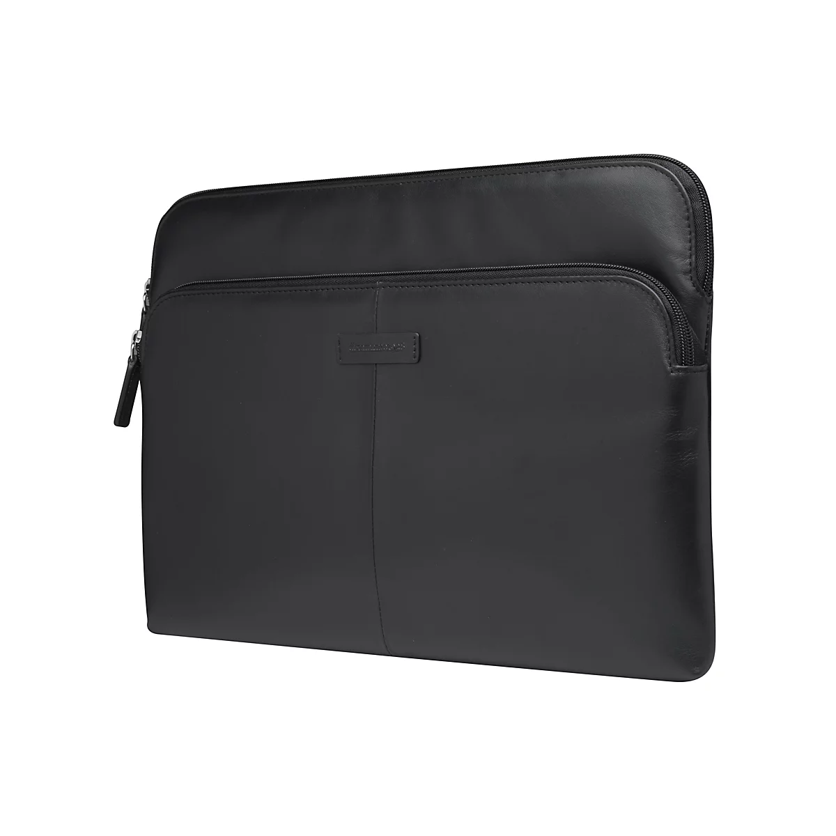 Schwarze Laptoptasche aus Leder. Auf der Vorderseite ein kleineres Reißverschlussfach mit Label. Reißverschluss an der Oberseite.