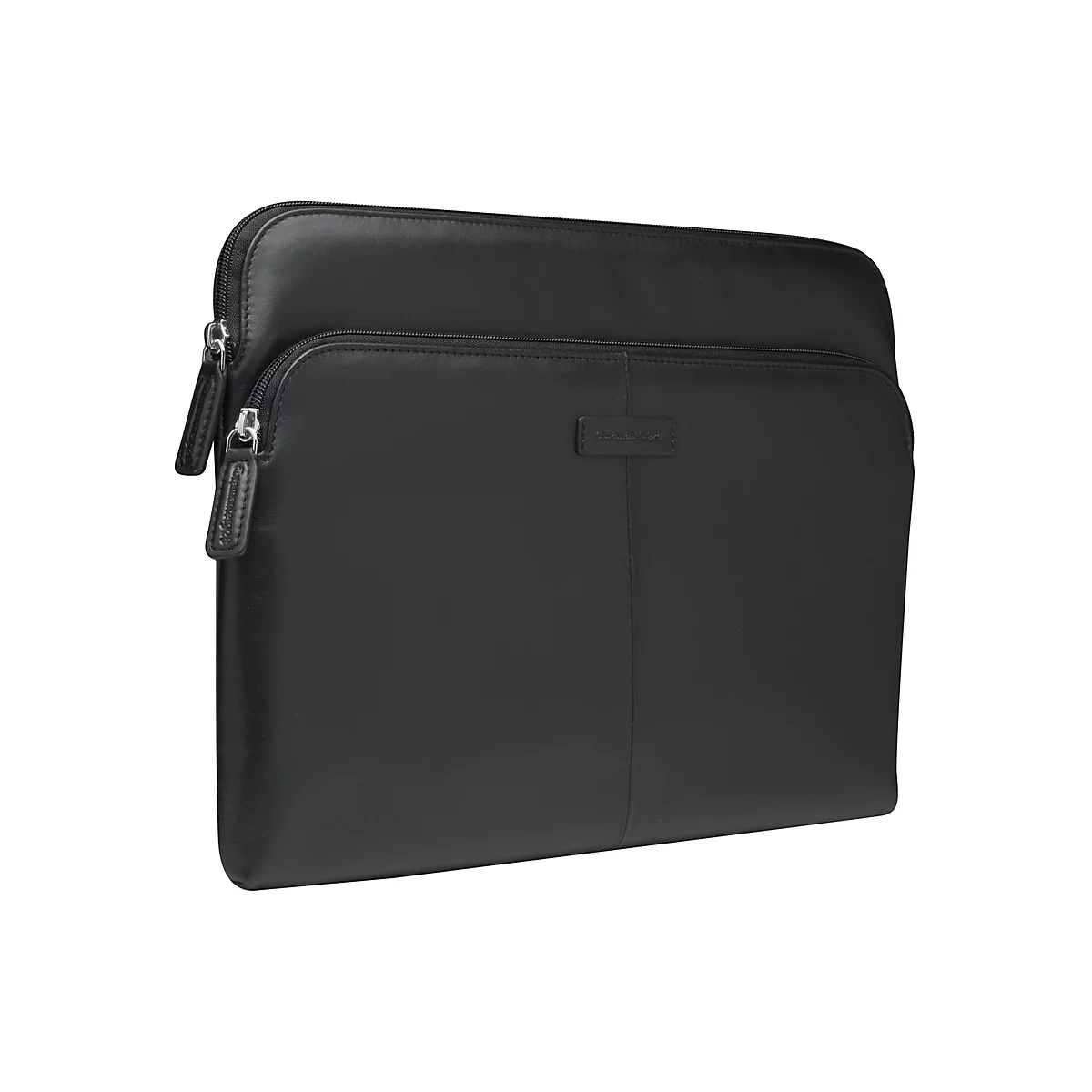 Schwarze Laptoptasche aus Leder, mit Reißverschlüssen und Prägung.