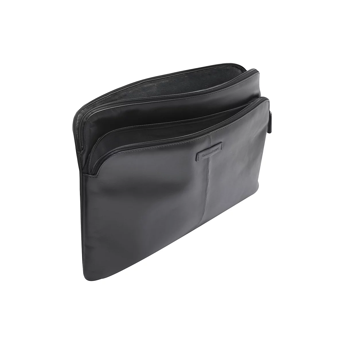 Schwarze, offene Laptoptasche mit Reißverschluss und kleinem Logo.