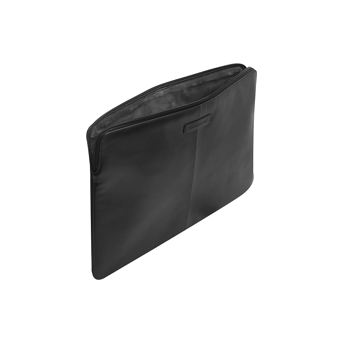 Schwarze Laptoptasche aus Leder, Reißverschluss geöffnet, Innenfutter. Auf der Tasche steht der Markenname.