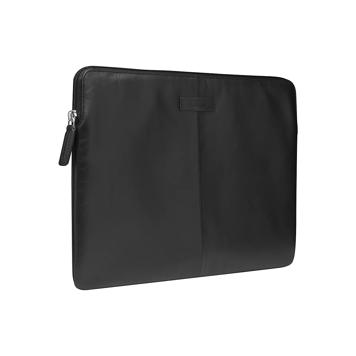 Schwarze Laptoptasche aus Leder mit Reißverschluss, Markenlogo, weißer Hintergrund.