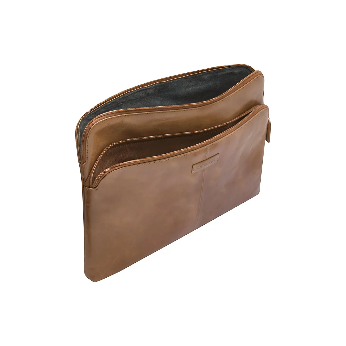 Hellbraune Leder-Laptoptasche mit Reißverschluss, offen. Innenfutter in Dunkelgrau, auf weißem Hintergrund.