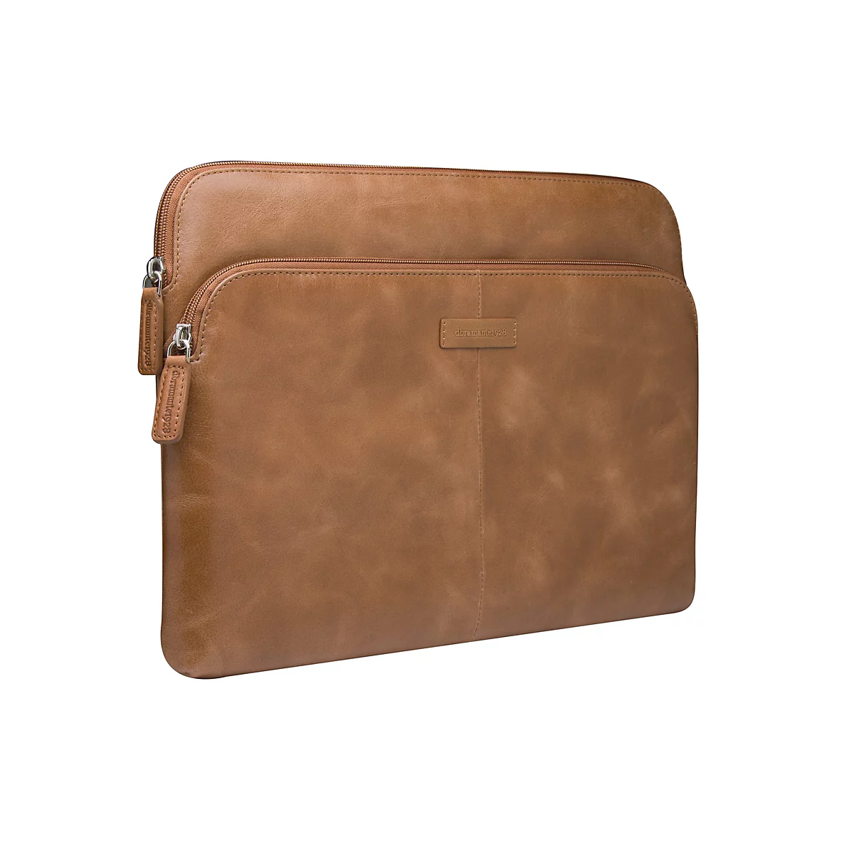 Hellbraune Ledertasche mit Reißverschluss und geprägtem Logo, vor weißem Hintergrund.