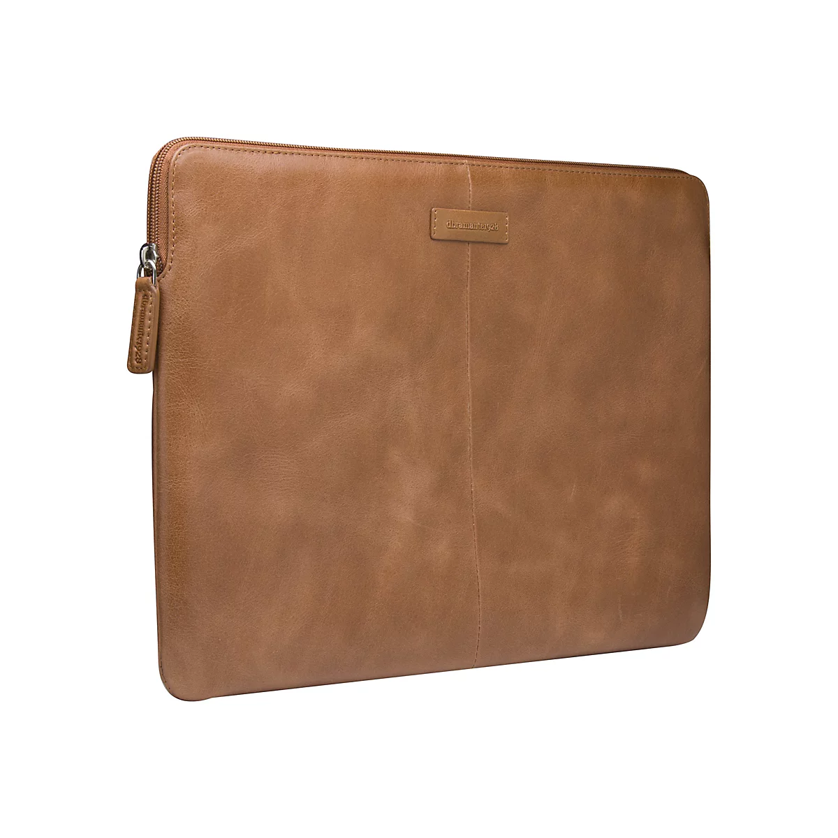 Braune Leder-Laptoptasche, Reißverschluss, Logo-Prägung. Auf weißem Hintergrund.