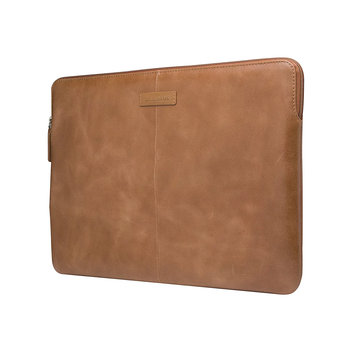 Braune Leder-Laptoptasche, Reißverschluss an der Oberseite, Markenlogo.