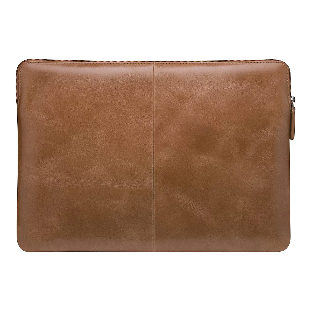 Braune Laptoptasche aus Leder mit Reißverschluss.