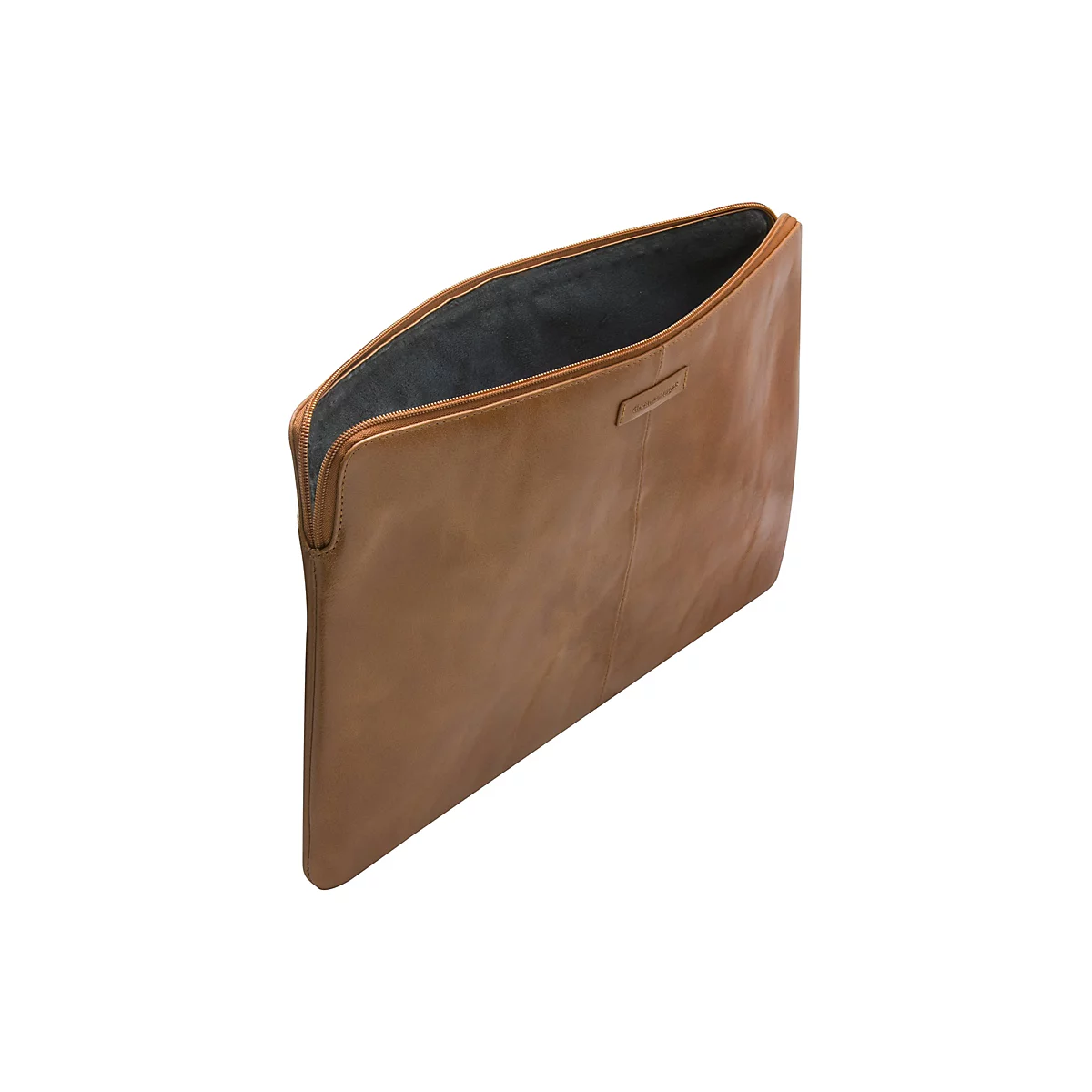 Hellbraune Ledertasche, leicht geöffnet, mit Reißverschluss. Der Innenraum ist grau. Auf der Tasche steht 'diosmasterwork'.