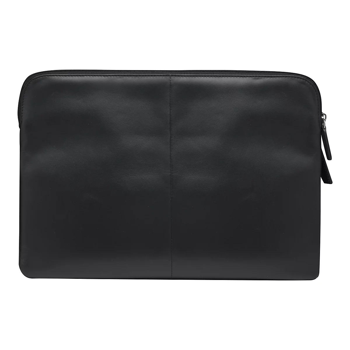 Schwarze Leder-Laptoptasche mit Reißverschluss und Griff.