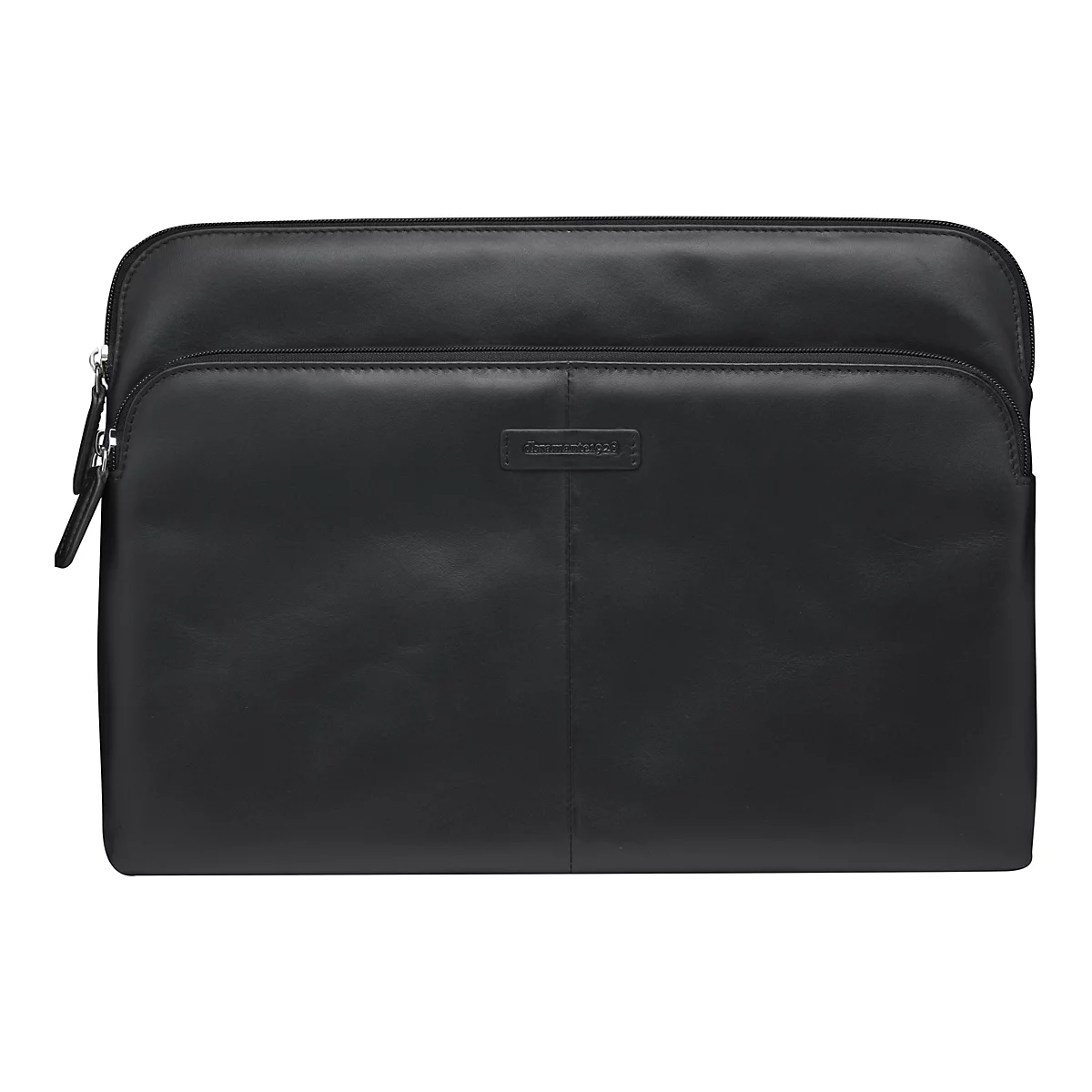 Schwarze Laptoptasche aus Leder mit Reißverschluss und Logo. Auf weißem Hintergrund.