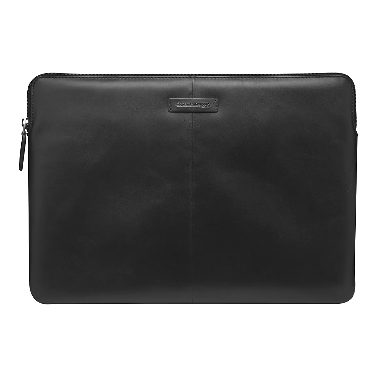Schwarze Laptoptasche aus Leder mit Reißverschluss und Logoprägung.