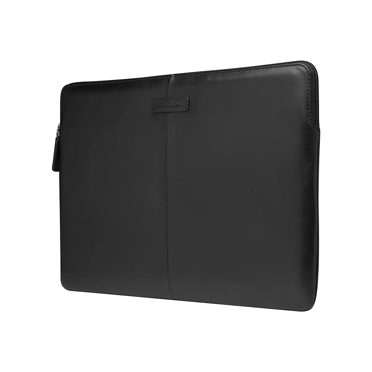 Schwarze Laptoptasche aus Leder mit Reißverschluss und dem Logo "dramante1923".