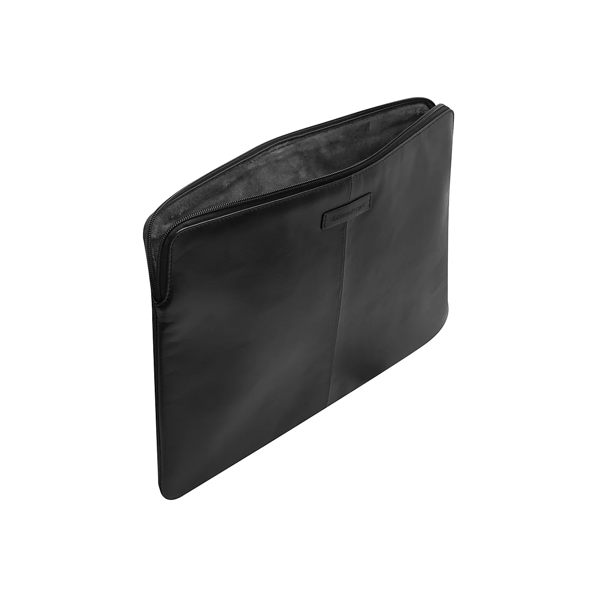 Schwarze, halb geöffnete Laptoptasche aus Leder; mit Reißverschluss.