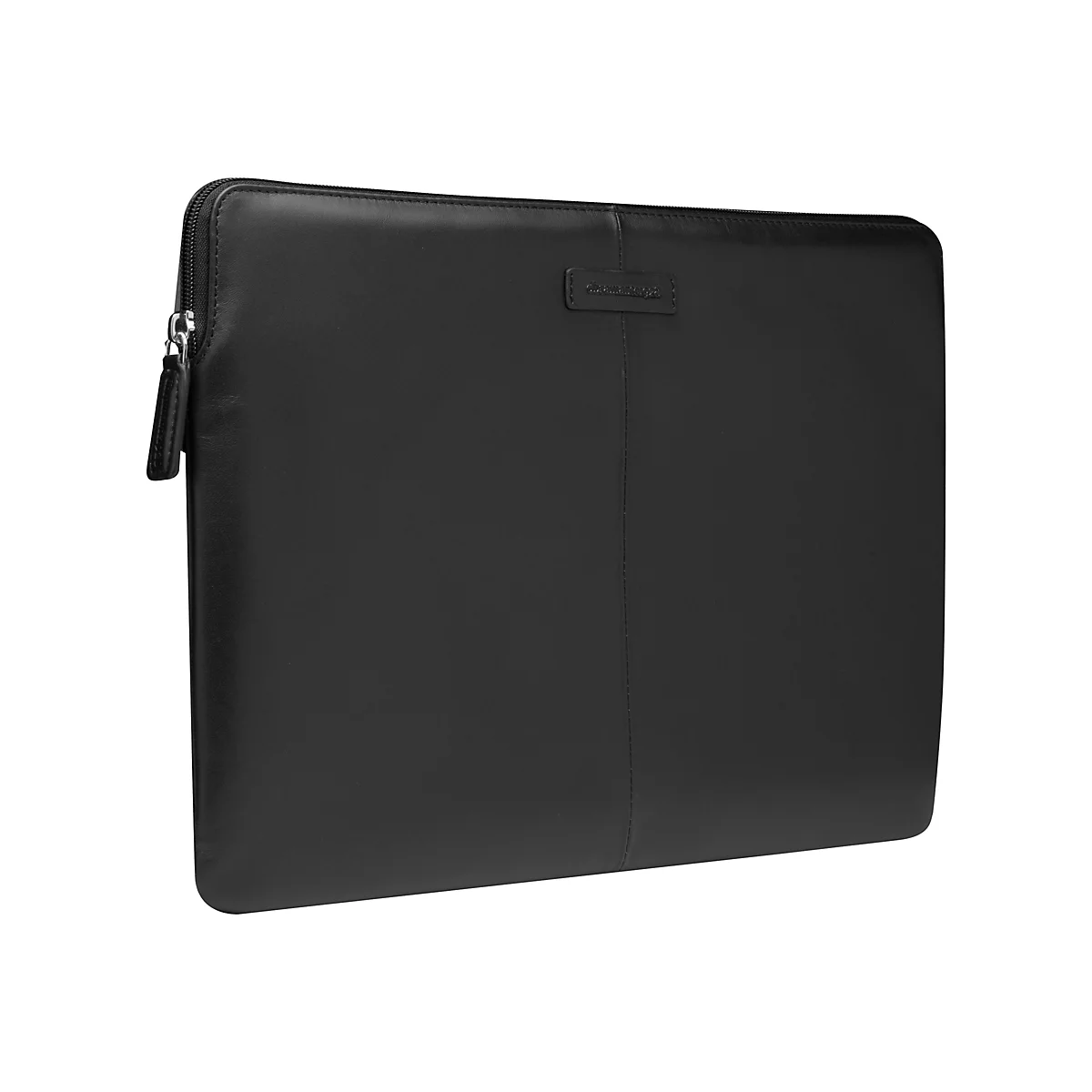 Schwarze Laptoptasche mit Reißverschluss, Markenlogo. 