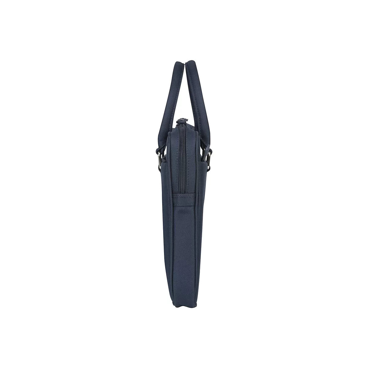 Dunkelblaue Laptoptasche im Hochformat. Zwei Tragegriffe oben, Reißverschluss an der Seite.