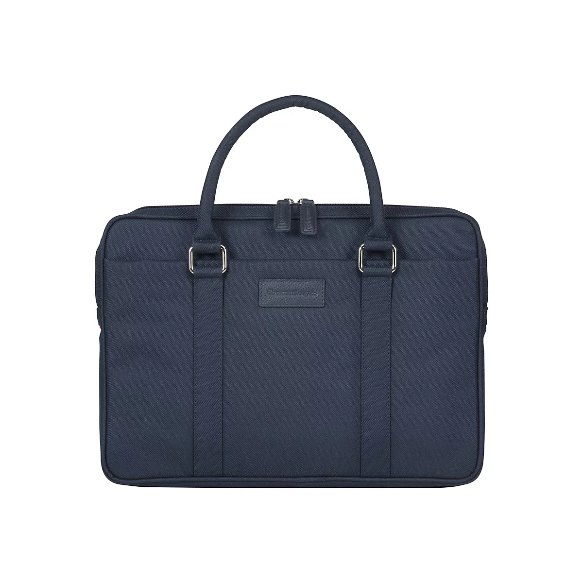 Dunkelblaue Aktentasche, rechteckig, mit zwei Tragegriffen und einem Schulterriemen.