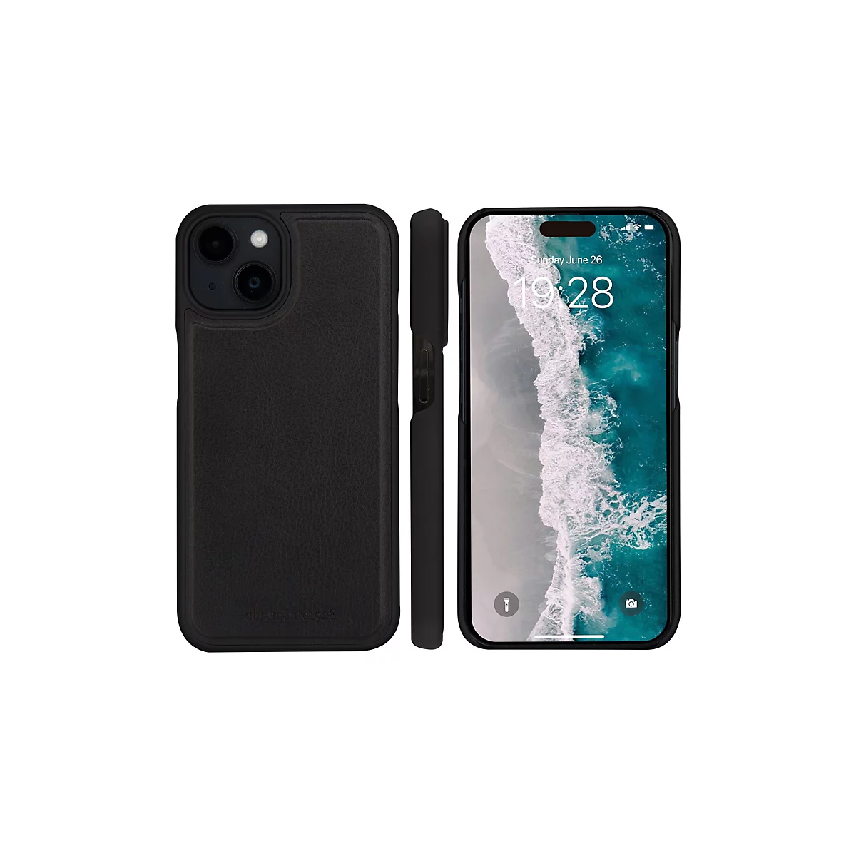 Ein schwarzes iPhone mit schwarzer Lederhülle, von drei Seiten fotografiert. Auf dem Display ist ein Meeresbild und die Uhrzeit 19:28 zu sehen.