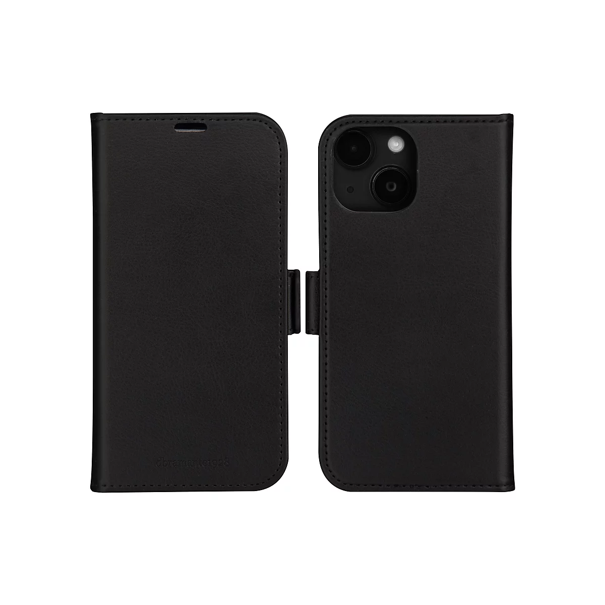Schwarze Handyhülle, geöffnet, Vorder- und Rückseite sichtbar. Auf der Vorderseite das Logo "dbrandante1928". Auf der Rückseite ist die Kamera des Handys sichtbar.