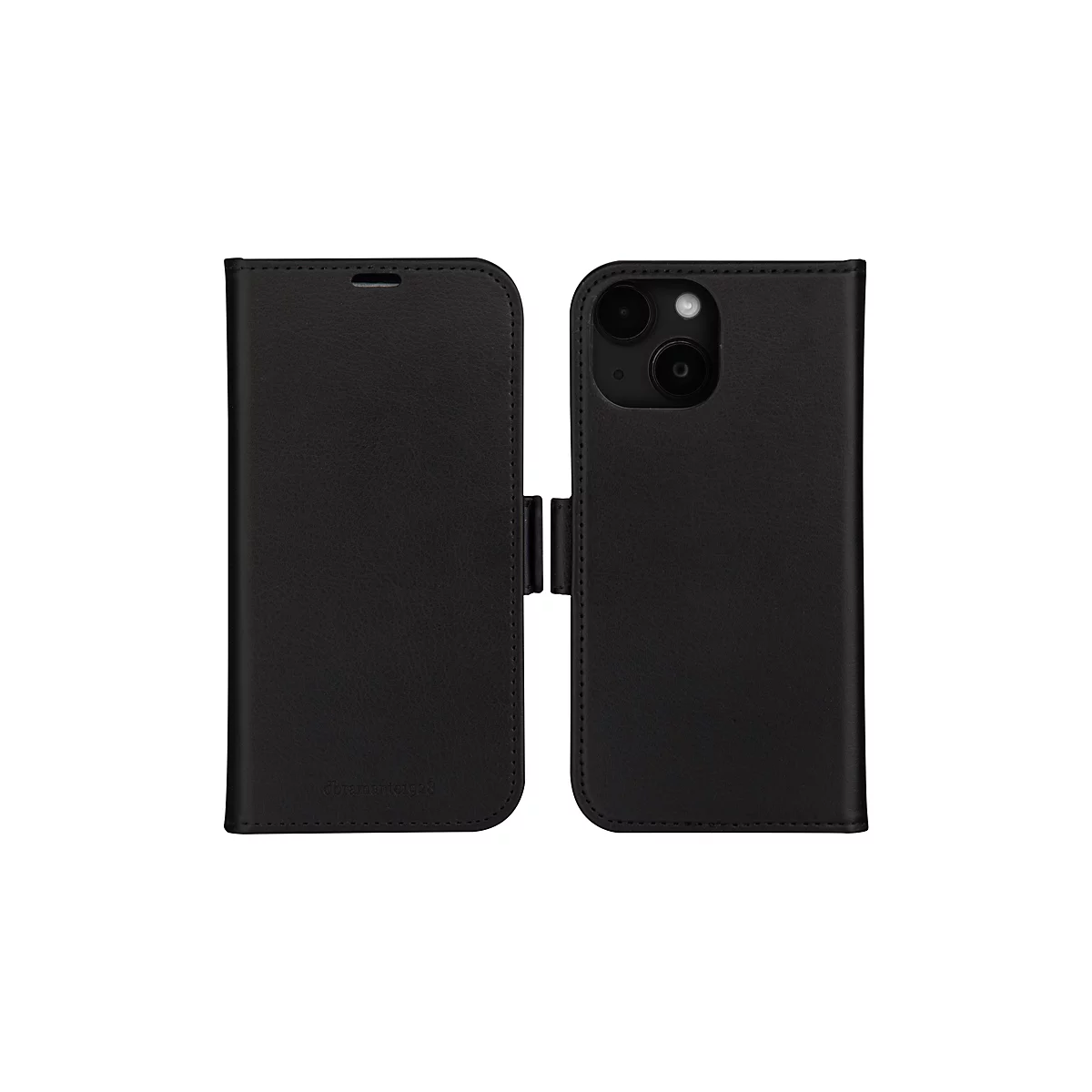 Schwarze Handyhülle aus Leder, offen und geschlossen, mit sichtbaren Kameraaussparungen.