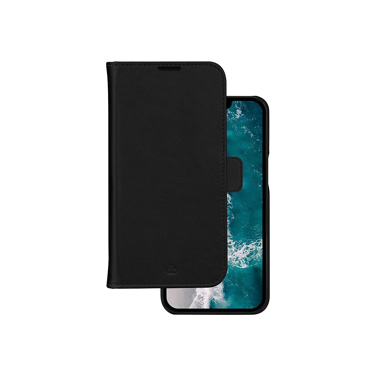 Schwarze Handyhülle im geöffneten Zustand. Rechts ist das Handy mit Display zu sehen.