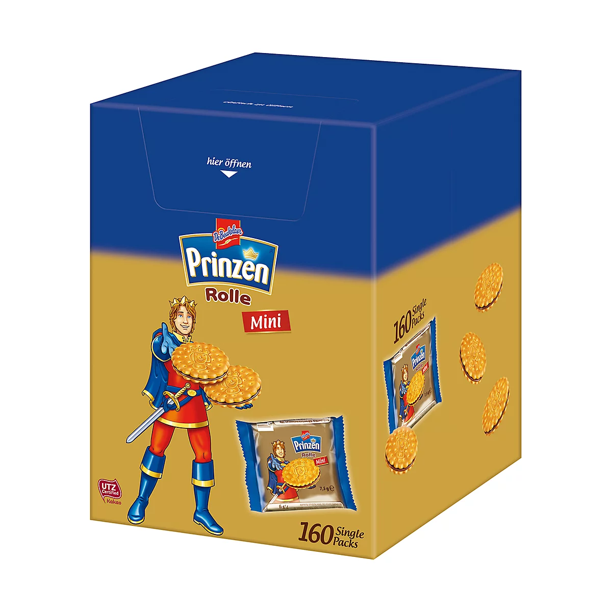 Box of Prinzen Rolle Mini. Printed with an illustration of a knight. The box contains 160 single packs.
