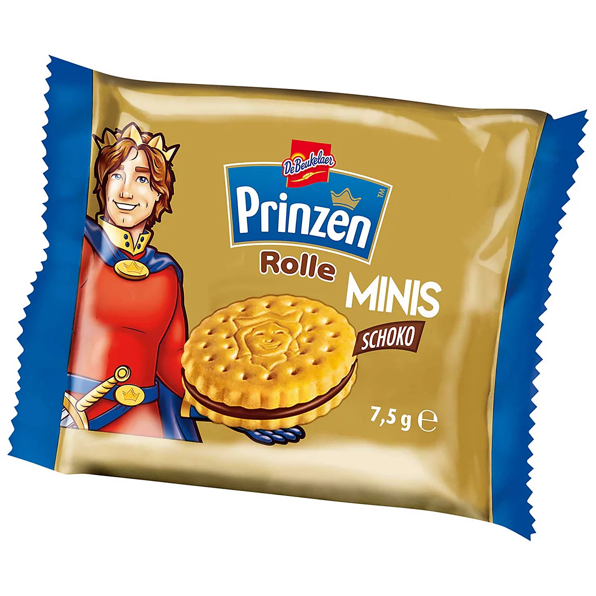 Goldene Verpackung der Prinzen Rolle Minis mit Prinzen-Figur und einem Schokoladenkeks.