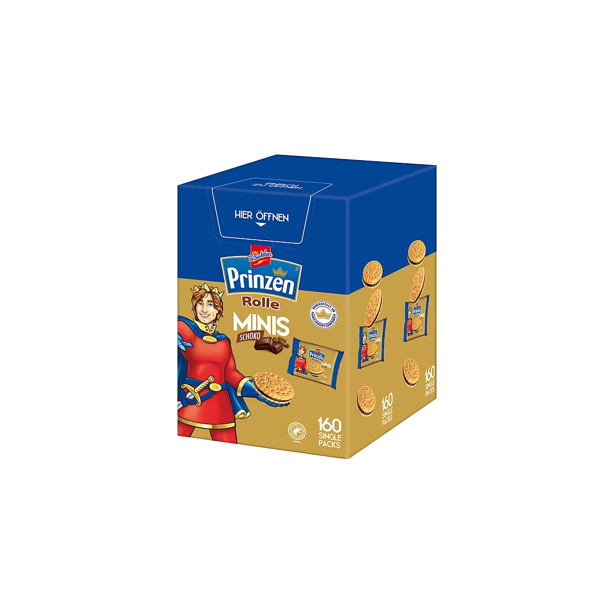 Große Vorratspackung Prinzen Rolle Minis mit 160 Einzelpackungen und Prinzen-Maskottchen auf der Vorderseite.