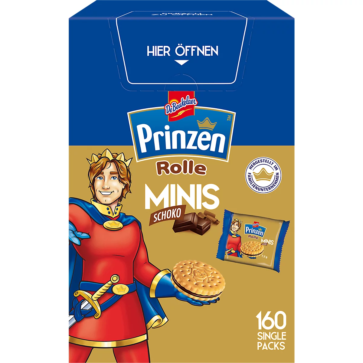 Packung Prinzen Rolle Minis Schoko mit illustriertem Prinzen und 160 Einzelpackungen.