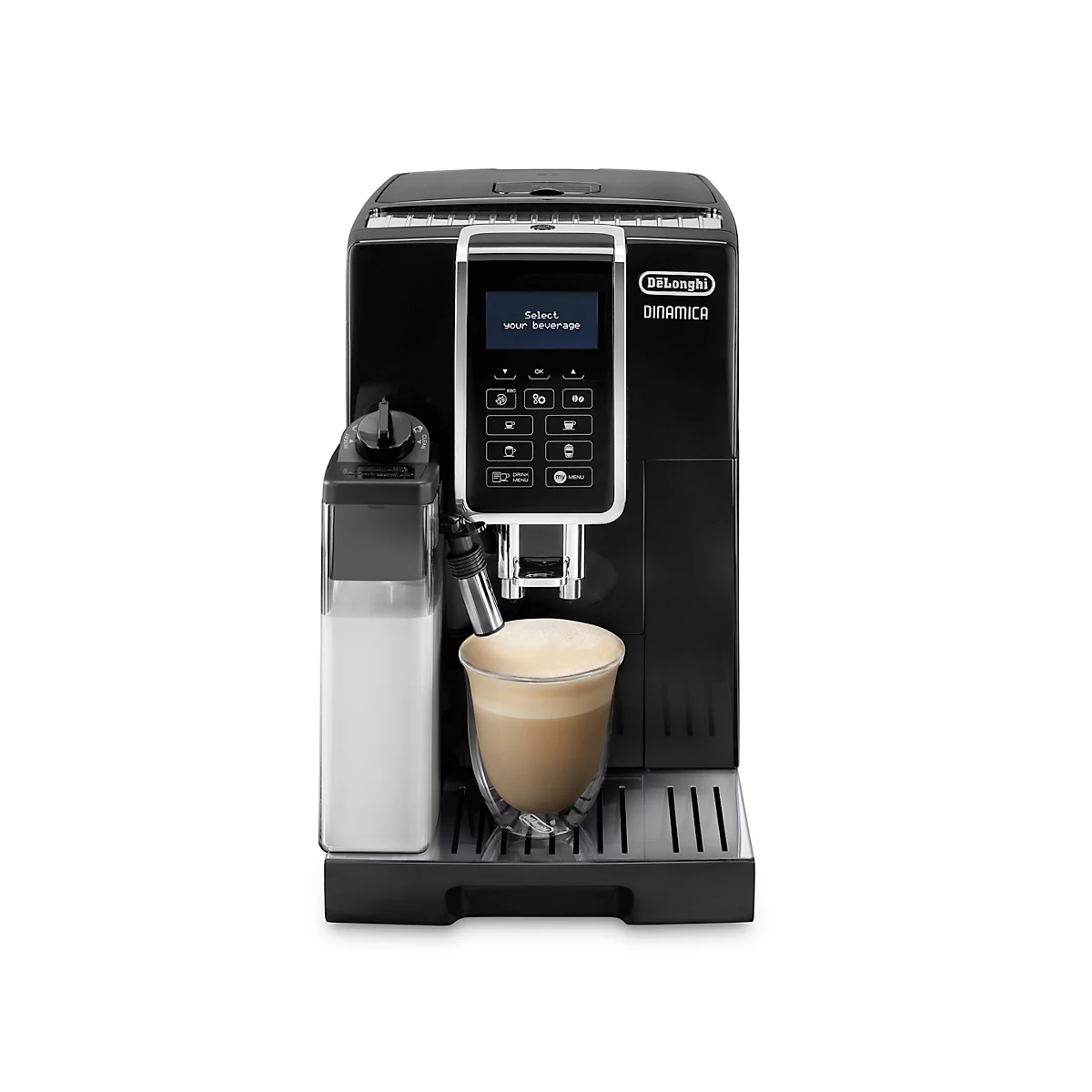 Schwarze Kaffeemaschine mit Milchaufschäumer, Display und Glas mit Latte Macchiato.