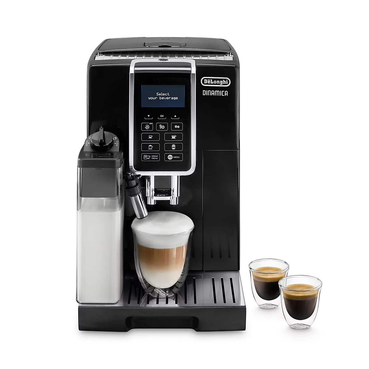 Schwarze Kaffeevollautomat mit Milchbehälter, Latte Macchiato und Espressotassen.