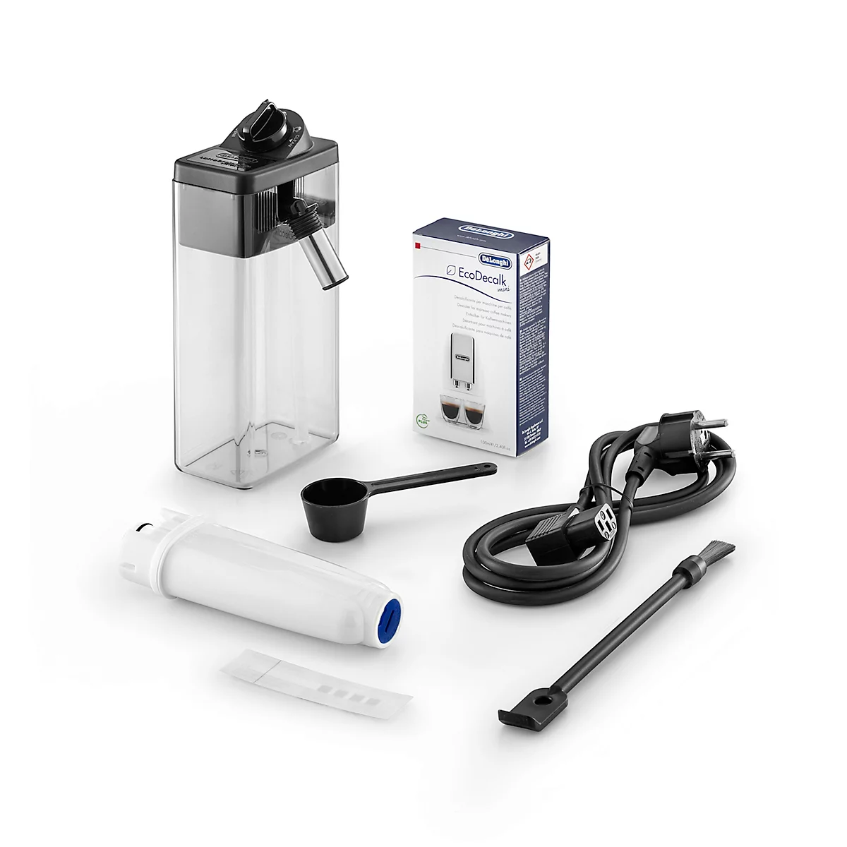 Zubehörteile für eine Kaffeemaschine, darunter ein Wassertank, ein Filter, eine Messlöffel und eine Stromkabel.