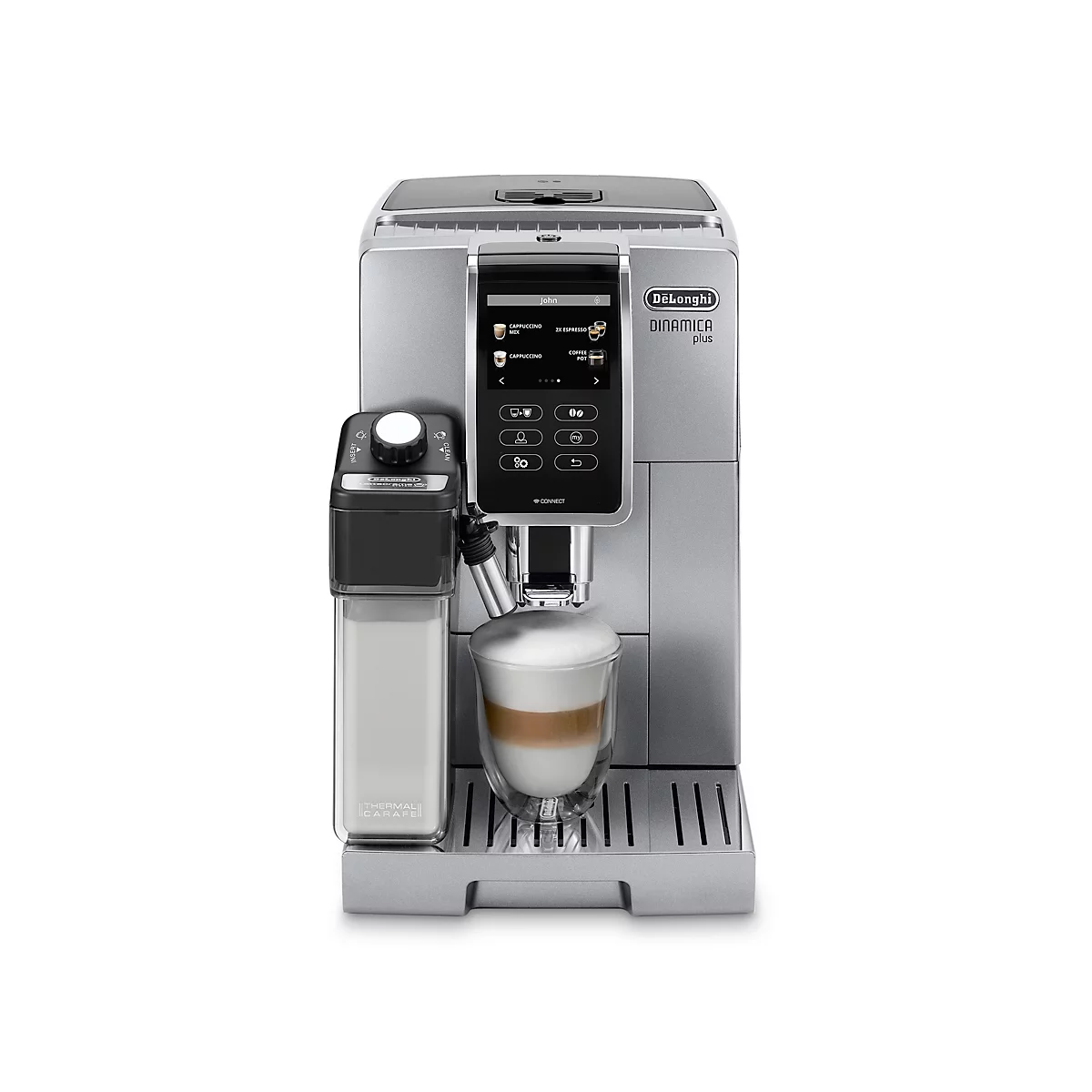 Silberne Kaffeemaschine mit Milchaufschäumer, ein Glas mit Latte Macchiato wird befüllt.